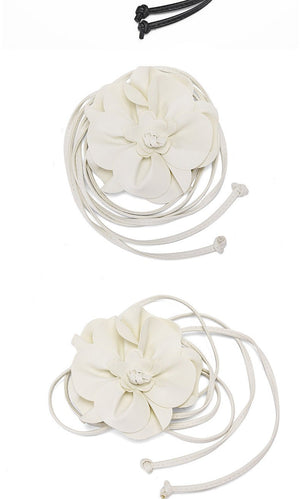 pu leather big flower waist rope bohemian style dress decorative belt tie bow long tie - Negative Apparel