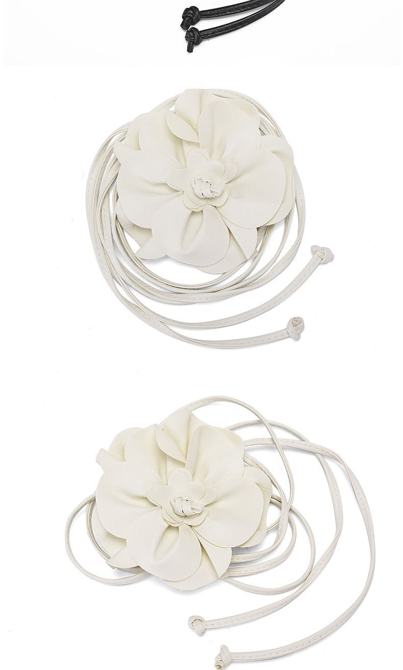 pu leather big flower waist rope bohemian style dress decorative belt tie bow long tie - Negative Apparel