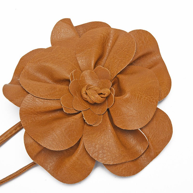 pu leather big flower waist rope bohemian style dress decorative belt tie bow long tie - Negative Apparel
