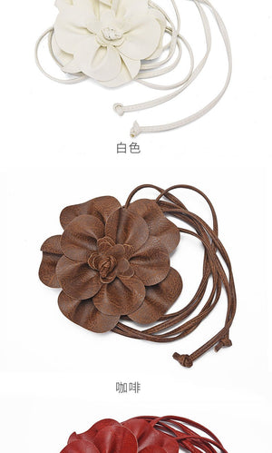 pu leather big flower waist rope bohemian style dress decorative belt tie bow long tie - Negative Apparel