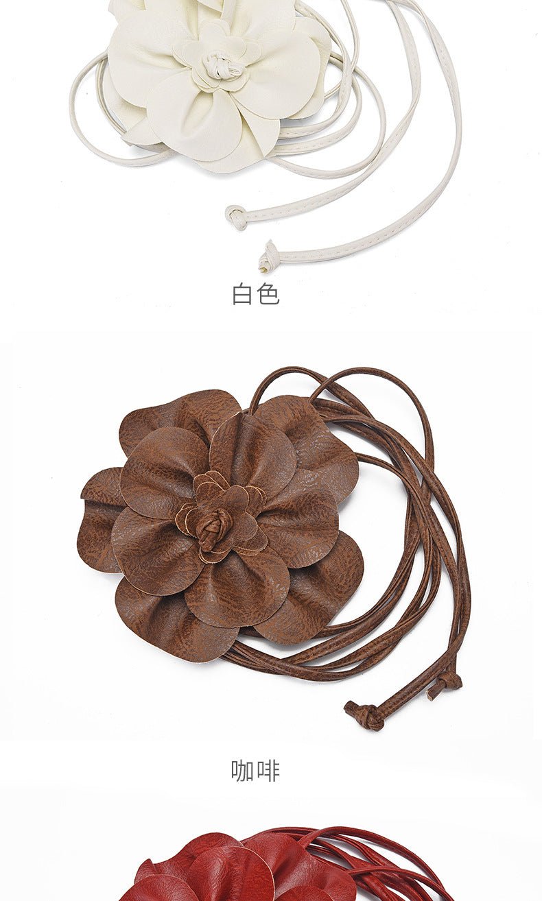 pu leather big flower waist rope bohemian style dress decorative belt tie bow long tie - Negative Apparel