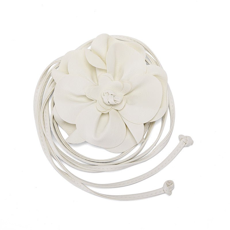 pu leather big flower waist rope bohemian style dress decorative belt tie bow long tie - Negative Apparel