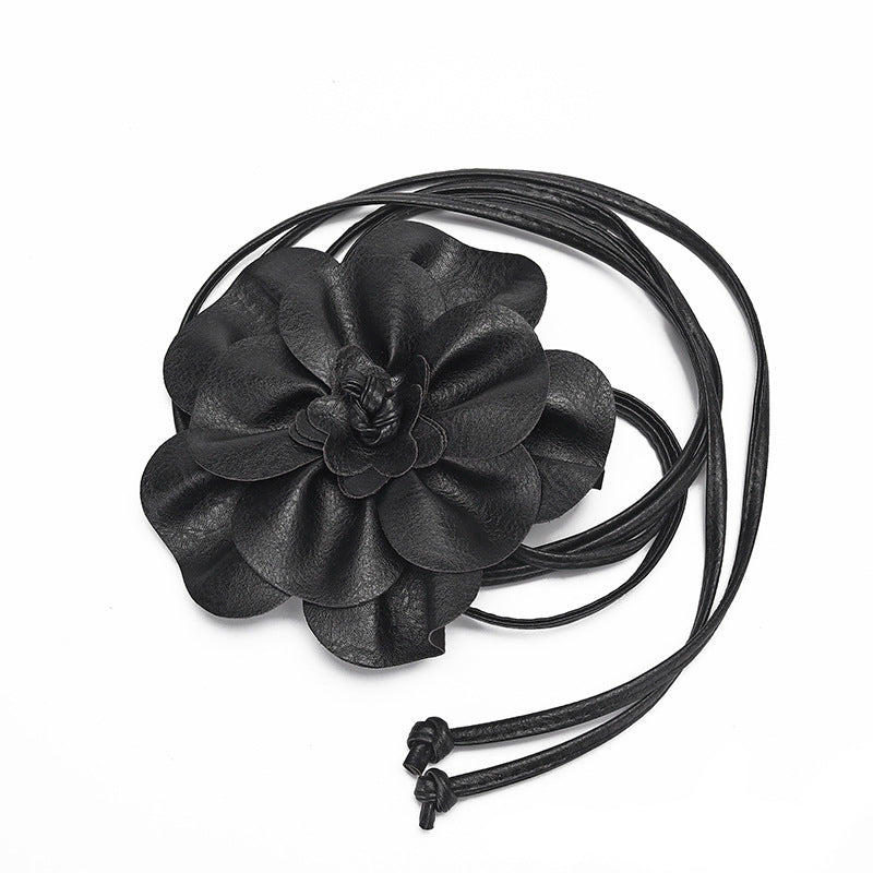 pu leather big flower waist rope bohemian style dress decorative belt tie bow long tie - Negative Apparel
