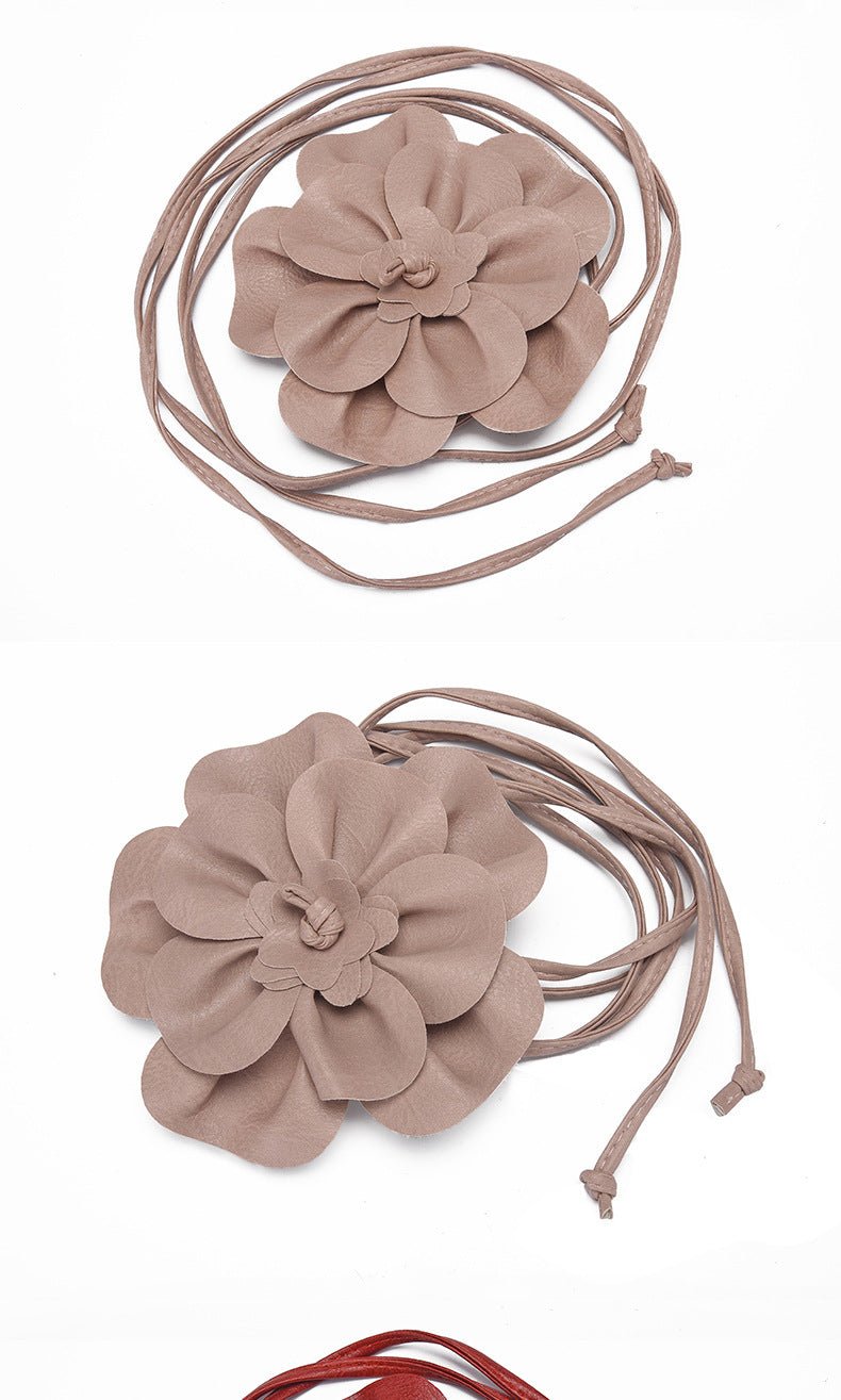 pu leather big flower waist rope bohemian style dress decorative belt tie bow long tie - Negative Apparel