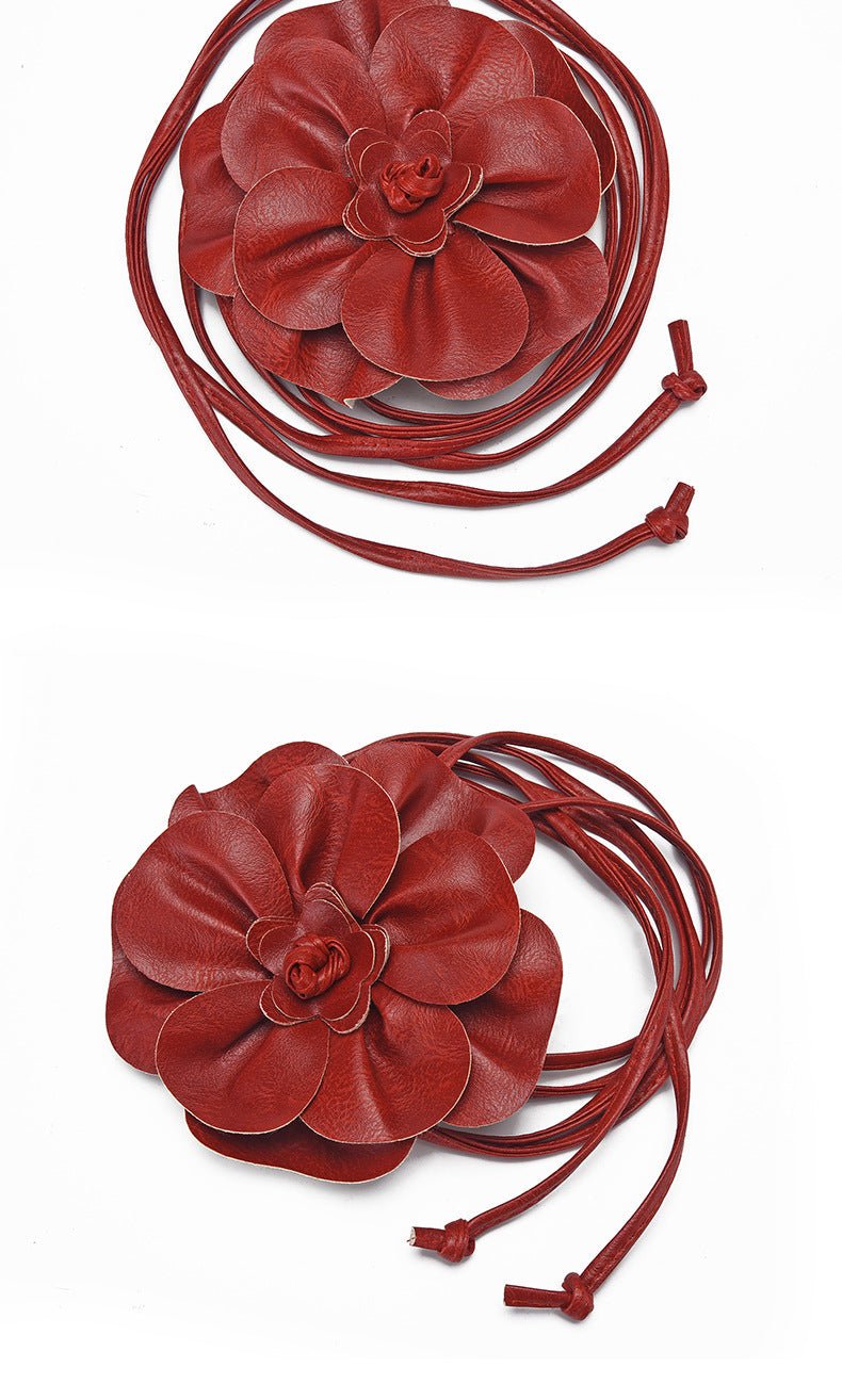 pu leather big flower waist rope bohemian style dress decorative belt tie bow long tie - Negative Apparel