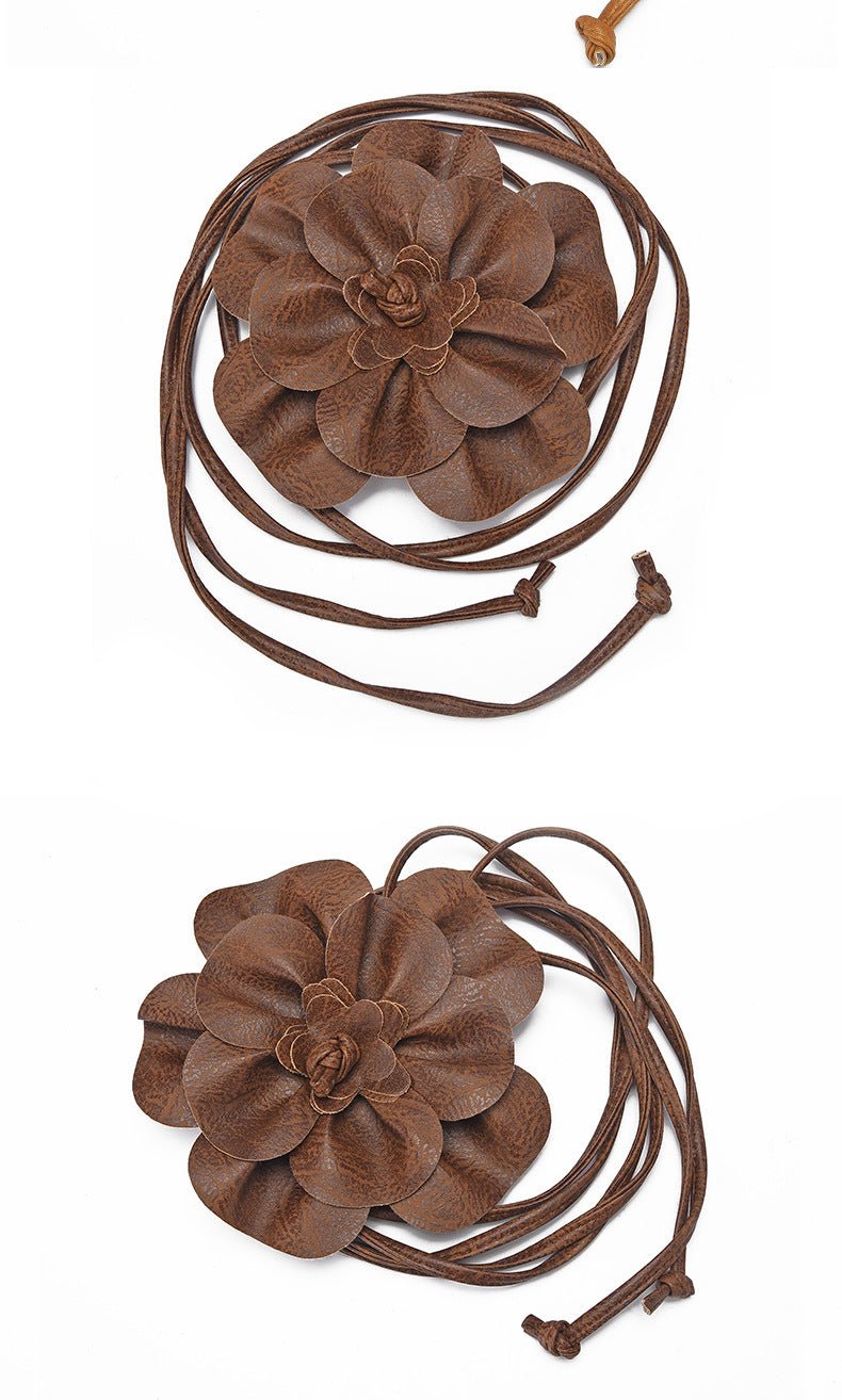 pu leather big flower waist rope bohemian style dress decorative belt tie bow long tie - Negative Apparel
