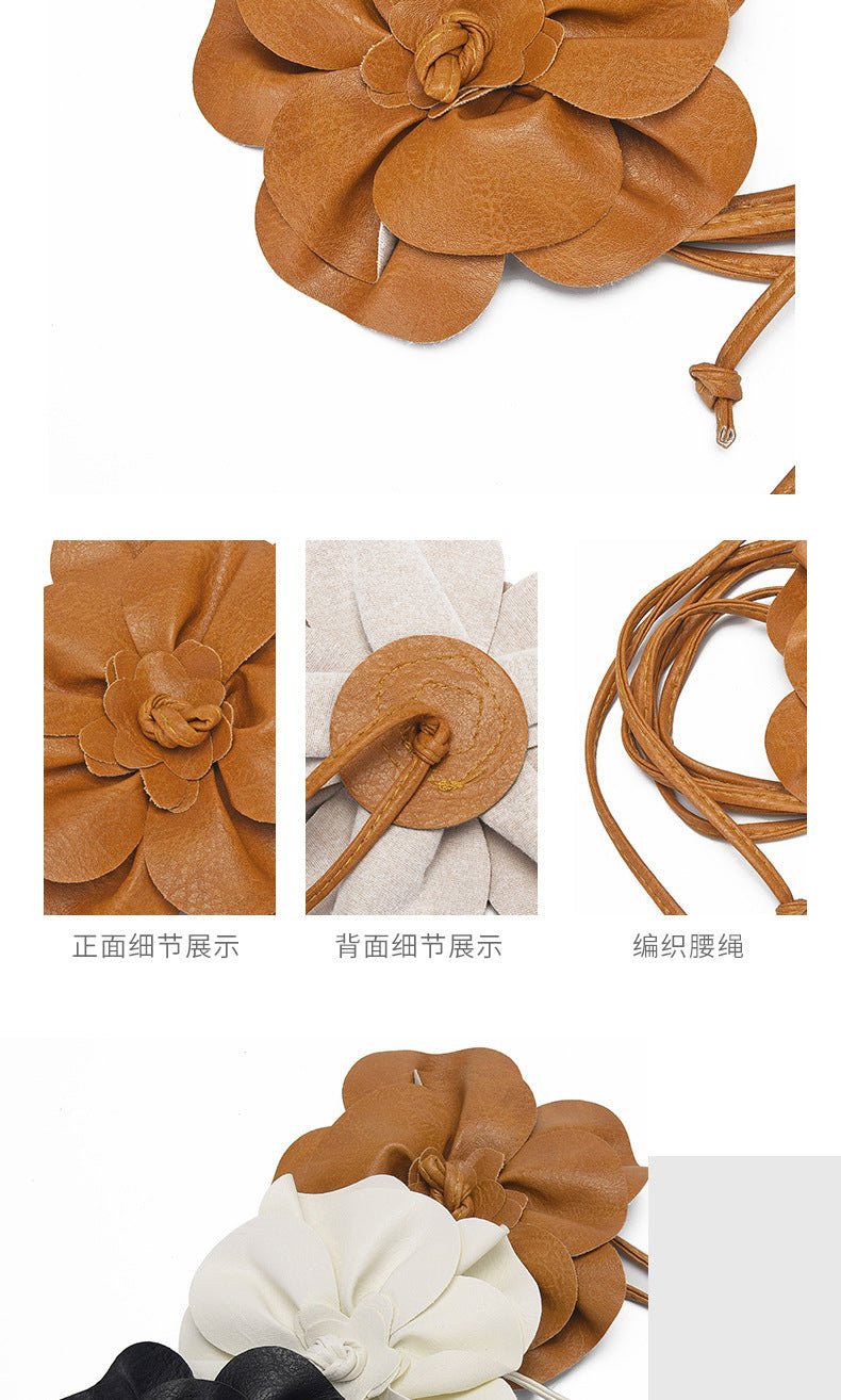 pu leather big flower waist rope bohemian style dress decorative belt tie bow long tie - Negative Apparel
