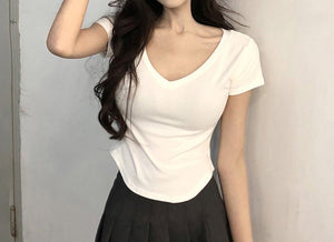 Pure desire style V - neck short - sleeved T-shirt for women in summer 2025 new slim fit hot girl short irregular bottoming top - Negative Apparel