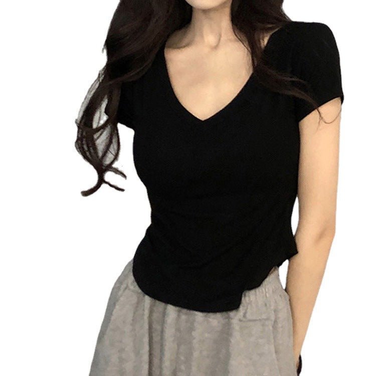 Pure desire style V - neck short - sleeved T-shirt for women in summer 2025 new slim fit hot girl short irregular bottoming top - Negative Apparel
