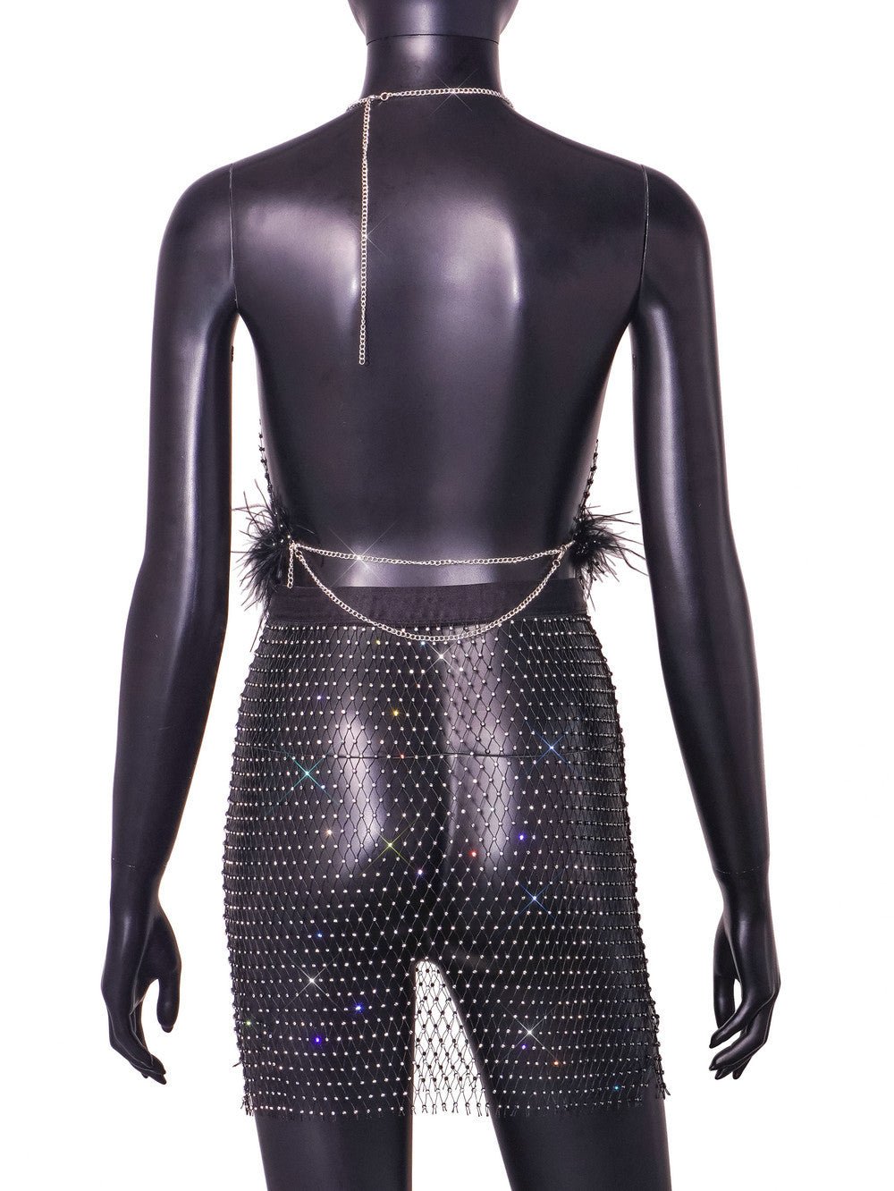 Rhinestone fishing net fashion backless halter neck sling same material skirt suit - Negative Apparel