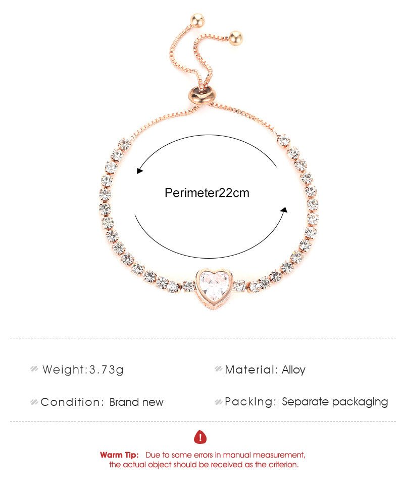 Rose gold heart zircon bracelet versatile high - end female alloy diamond ladies bracelet bracelet jewelry - Negative Apparel
