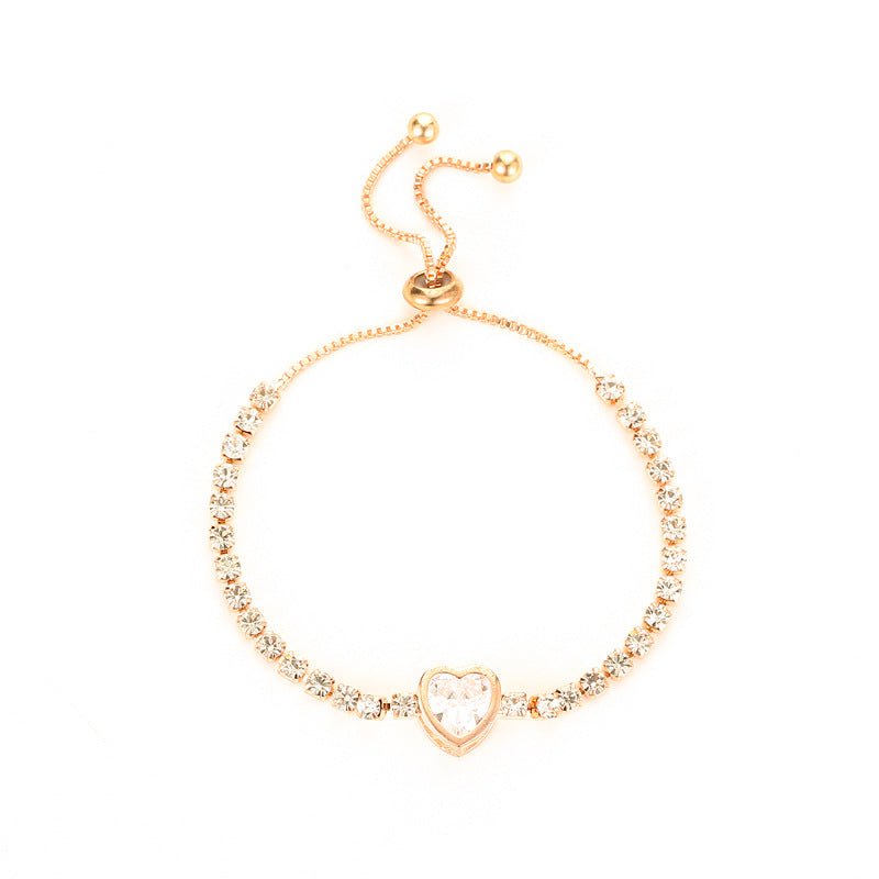 Rose gold heart zircon bracelet versatile high - end female alloy diamond ladies bracelet bracelet jewelry - Negative Apparel