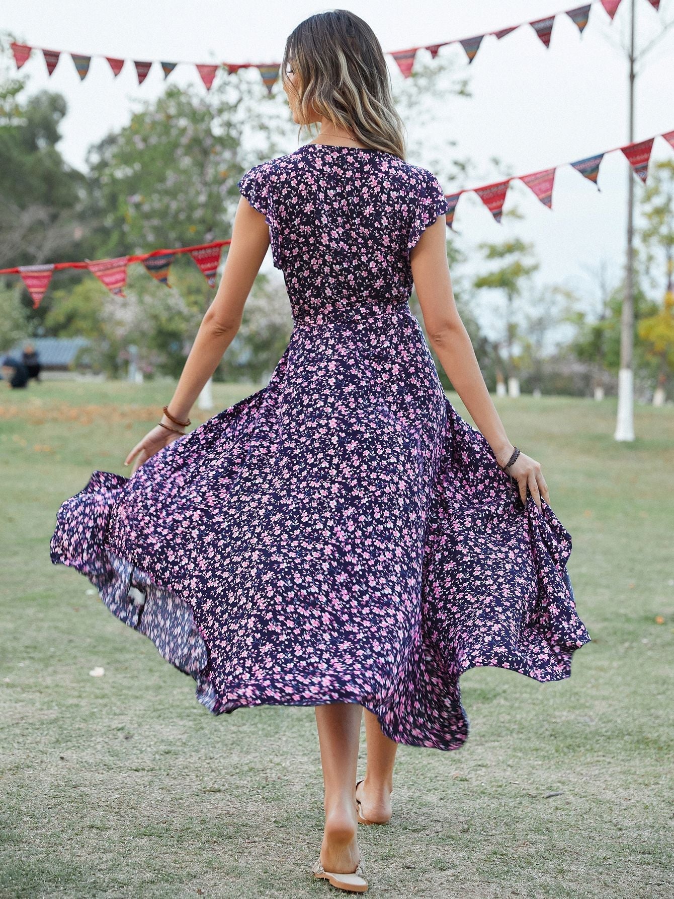 Self - designed V - neck Bohemian holiday style slim lace dress - Negative Apparel