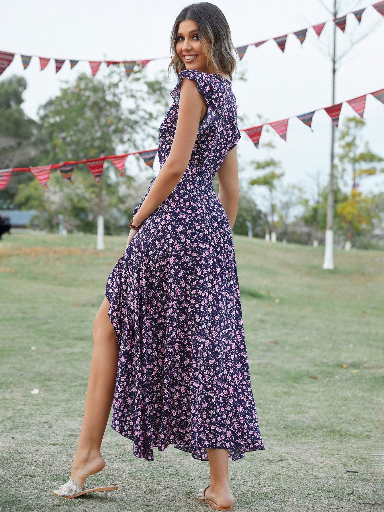 Self - designed V - neck Bohemian holiday style slim lace dress - Negative Apparel