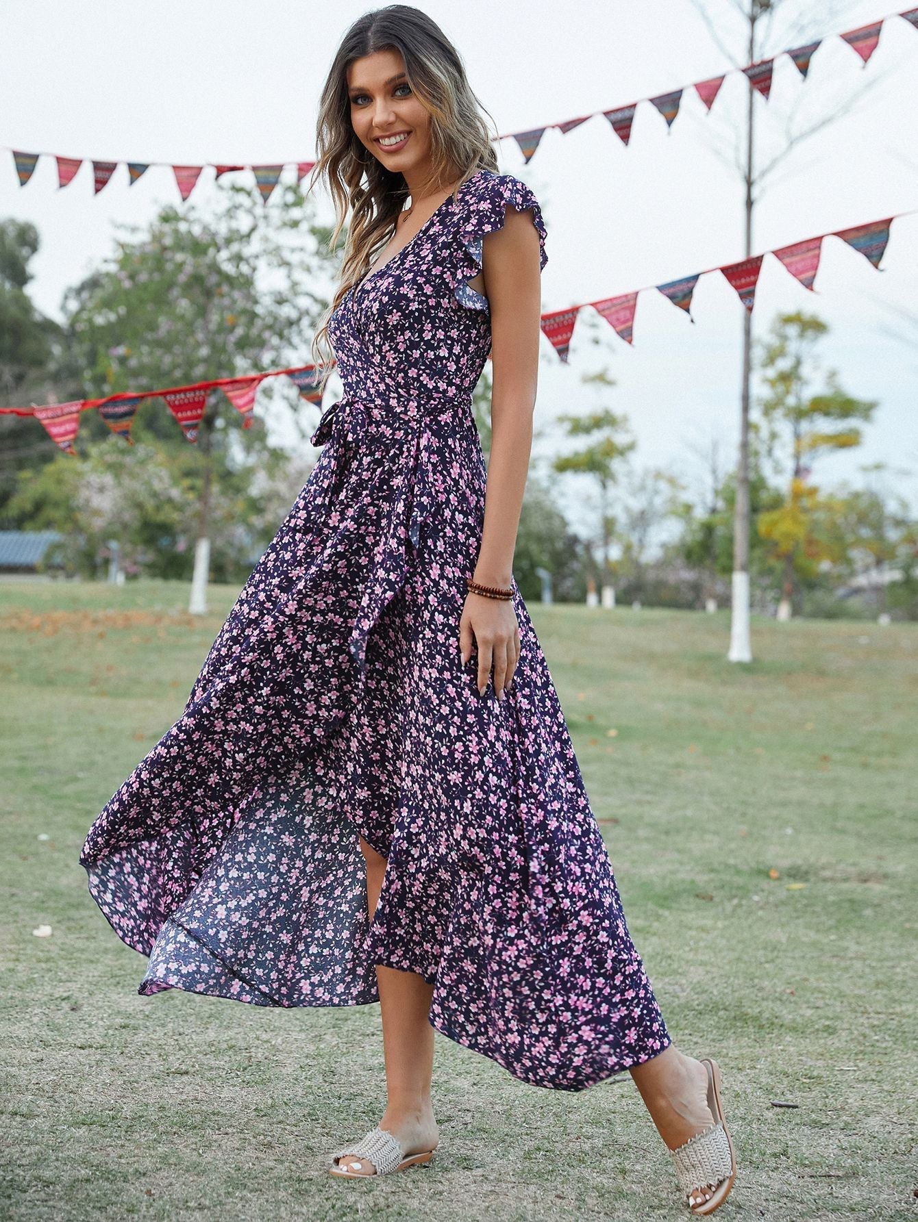 Self - designed V - neck Bohemian holiday style slim lace dress - Negative Apparel