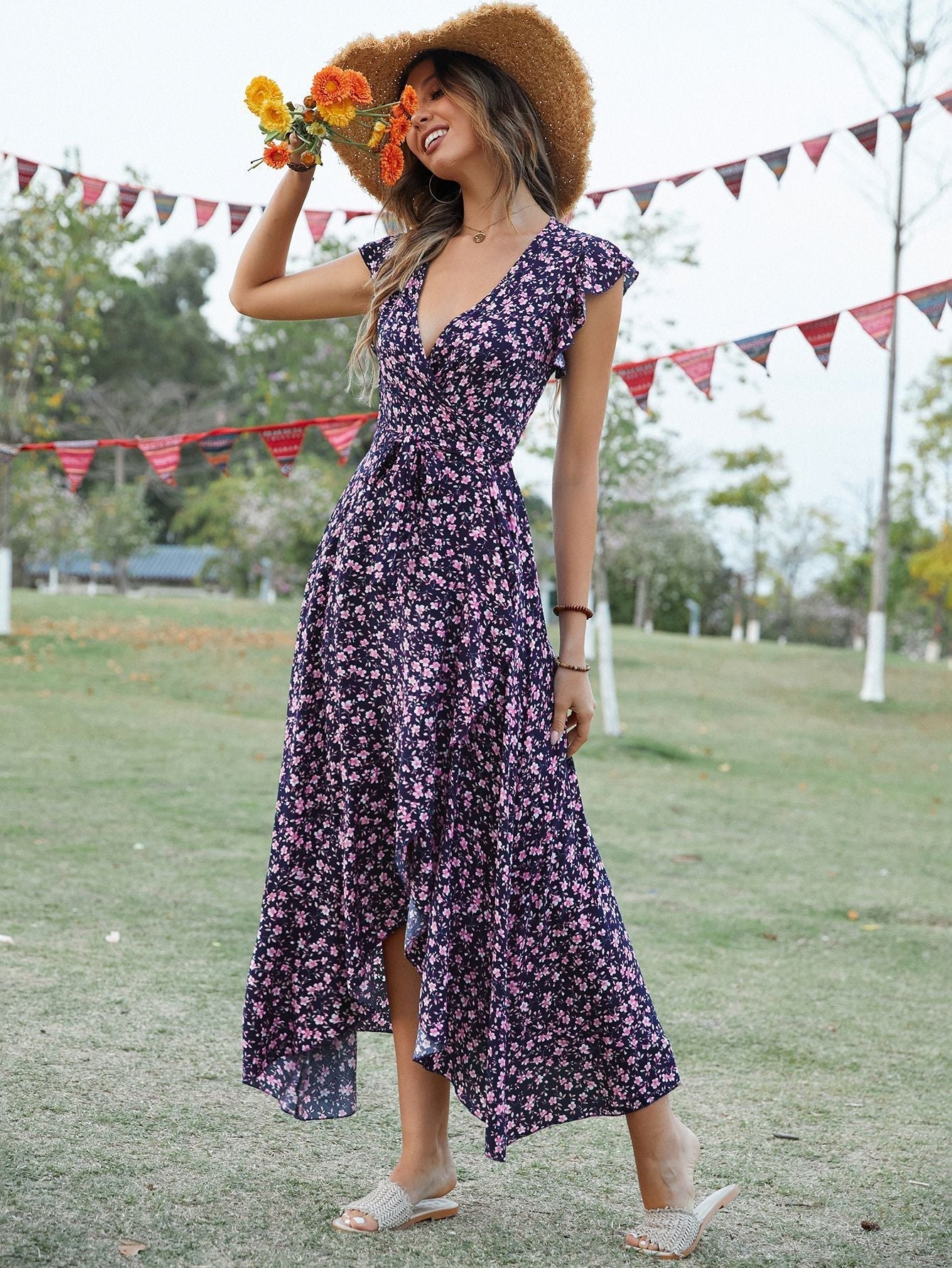 Self - designed V - neck Bohemian holiday style slim lace dress - Negative Apparel