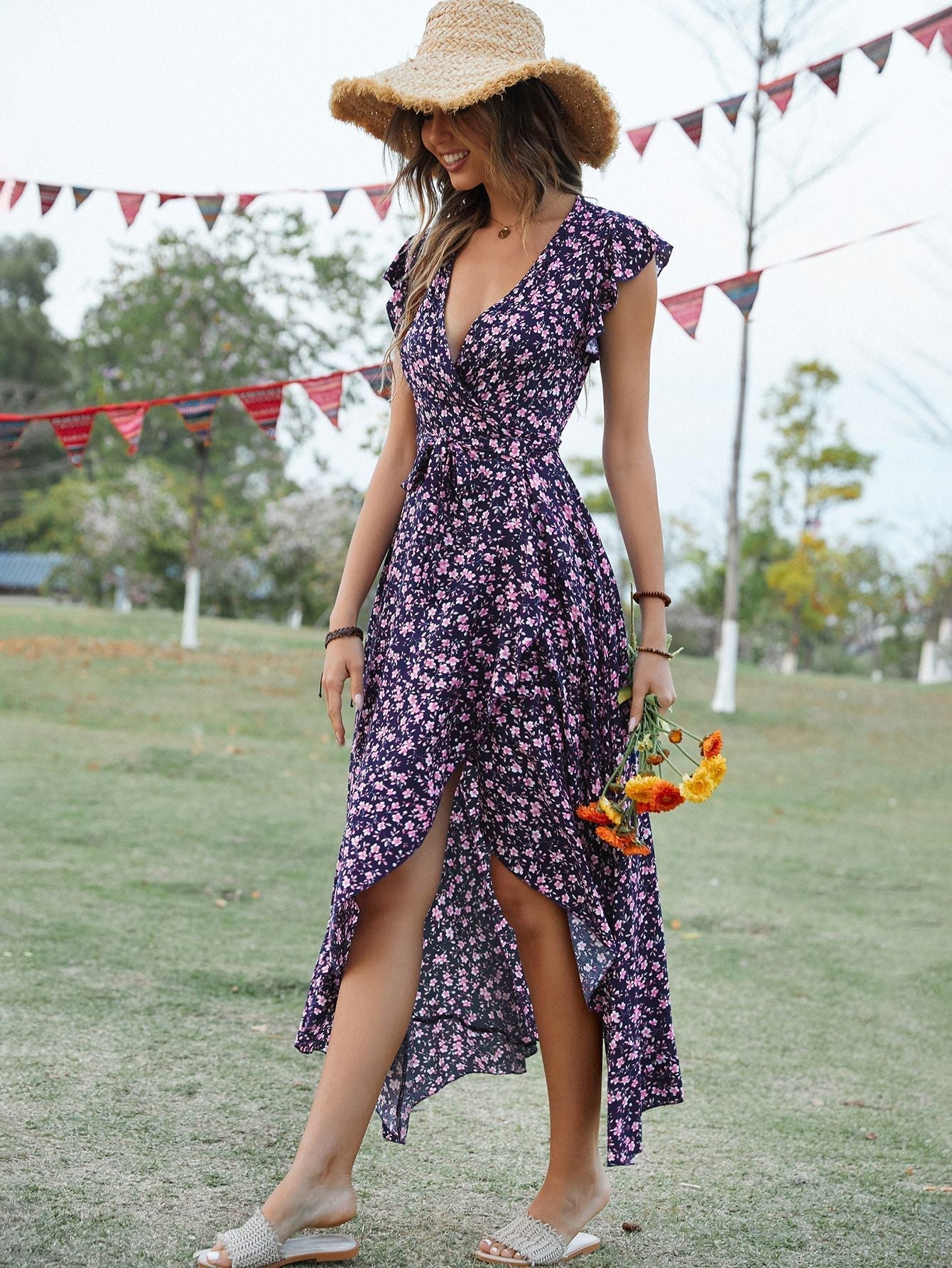 Self - designed V - neck Bohemian holiday style slim lace dress - Negative Apparel