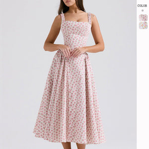 Summer new floral suspender long dress backless print elegant French dress big swing dress - Negative Apparel