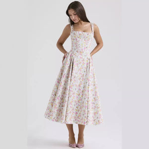 Summer new floral suspender long dress backless print elegant French dress big swing dress - Negative Apparel