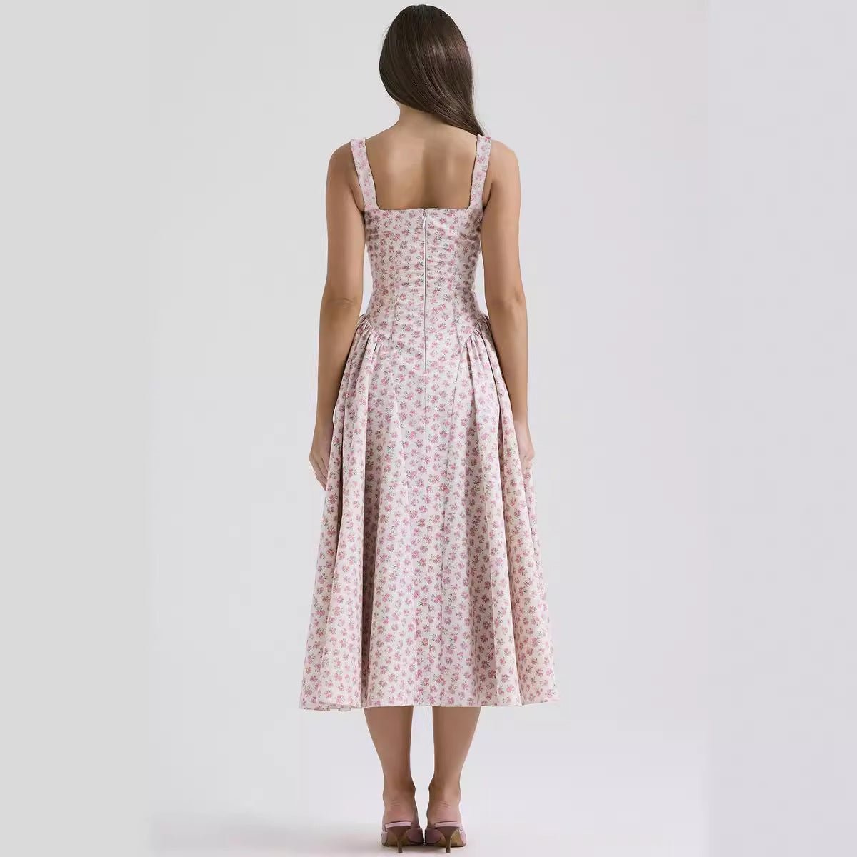 Summer new floral suspender long dress backless print elegant French dress big swing dress - Negative Apparel