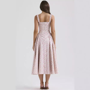 Summer new floral suspender long dress backless print elegant French dress big swing dress - Negative Apparel