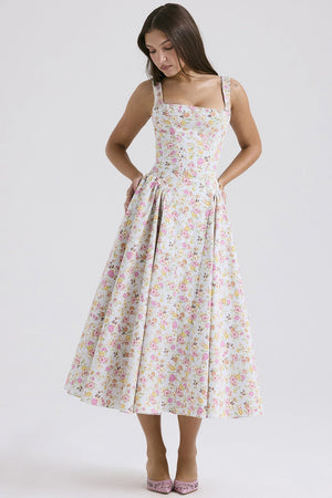 Summer new floral suspender long dress backless print elegant French dress big swing dress - Negative Apparel