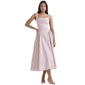 Summer new floral suspender long dress backless print elegant French dress big swing dress - Negative Apparel