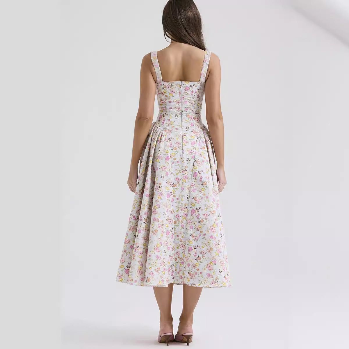 Summer new floral suspender long dress backless print elegant French dress big swing dress - Negative Apparel