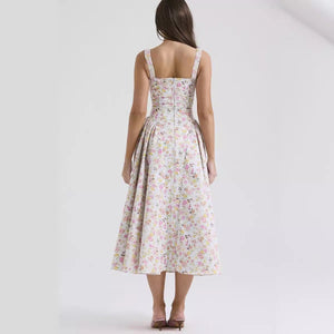 Summer new floral suspender long dress backless print elegant French dress big swing dress - Negative Apparel