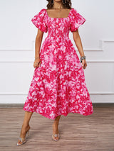 Summer new one - line collar printed puffy skirt bubble sleeve dress female - Negative Apparel