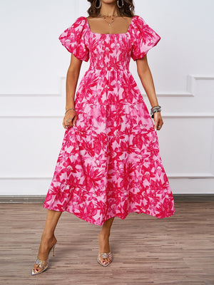 Summer new one - line collar printed puffy skirt bubble sleeve dress female - Negative Apparel