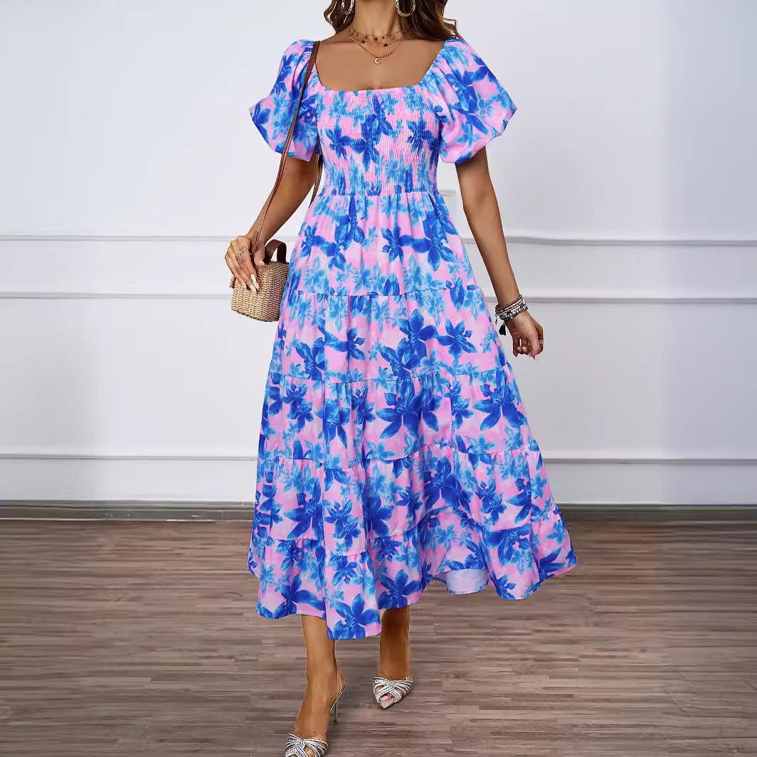 Summer new one - line collar printed puffy skirt bubble sleeve dress female - Negative Apparel