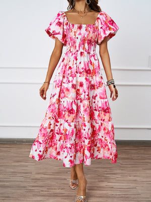 Summer new one - line collar printed puffy skirt bubble sleeve dress female - Negative Apparel