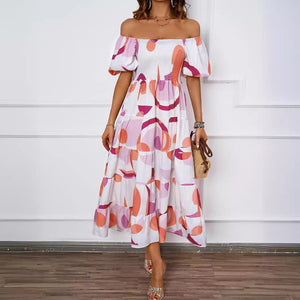 Summer new one - line collar printed puffy skirt bubble sleeve dress female - Negative Apparel