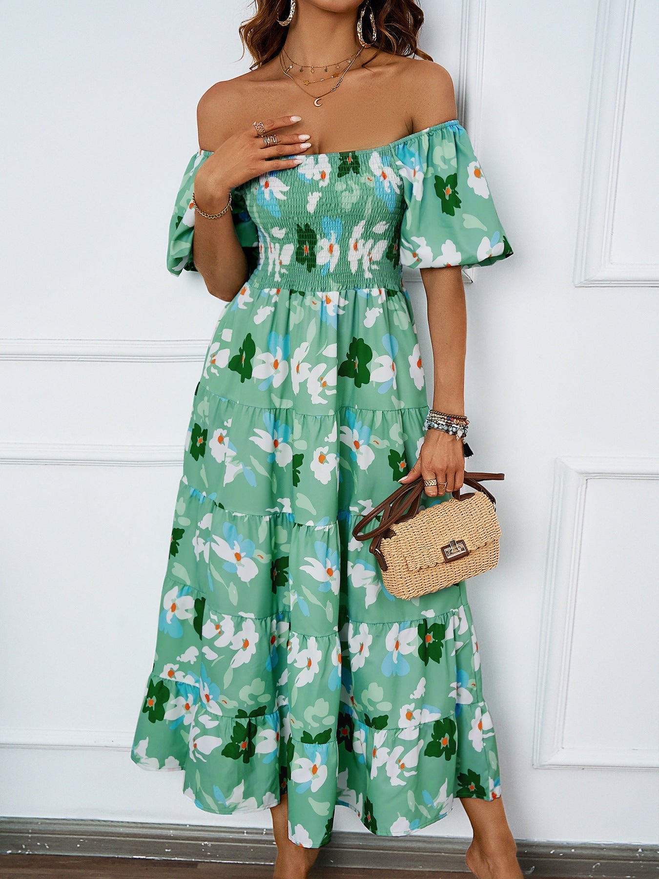 Summer new one - line collar printed puffy skirt bubble sleeve dress female - Negative Apparel
