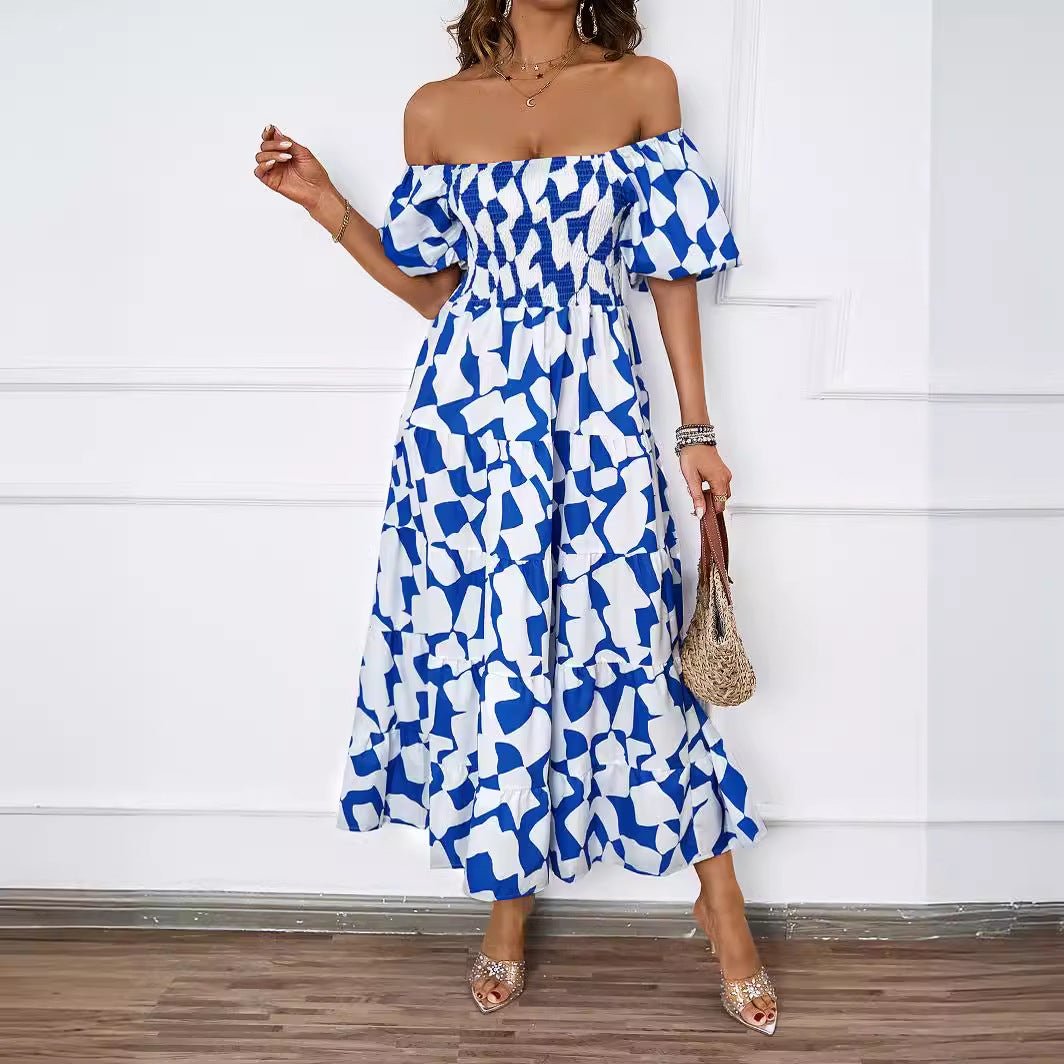 Summer new one - line collar printed puffy skirt bubble sleeve dress female - Negative Apparel