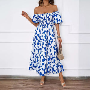 Summer new one - line collar printed puffy skirt bubble sleeve dress female - Negative Apparel