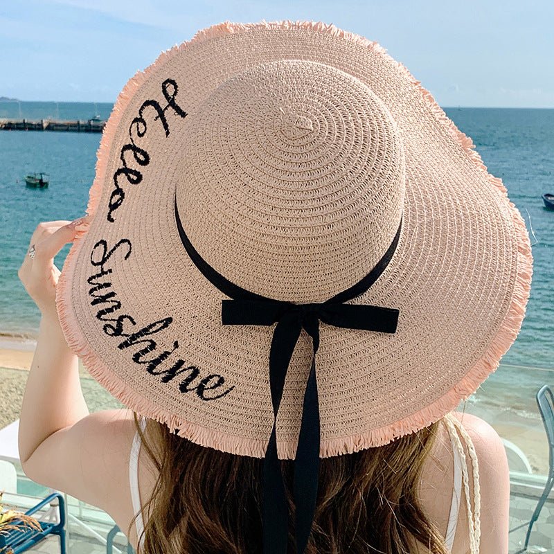 Summer wide brim embroidered sun protection straw hat for women fashion simple letter bow ribbon sun hat sweet sun hat - Negative Apparel