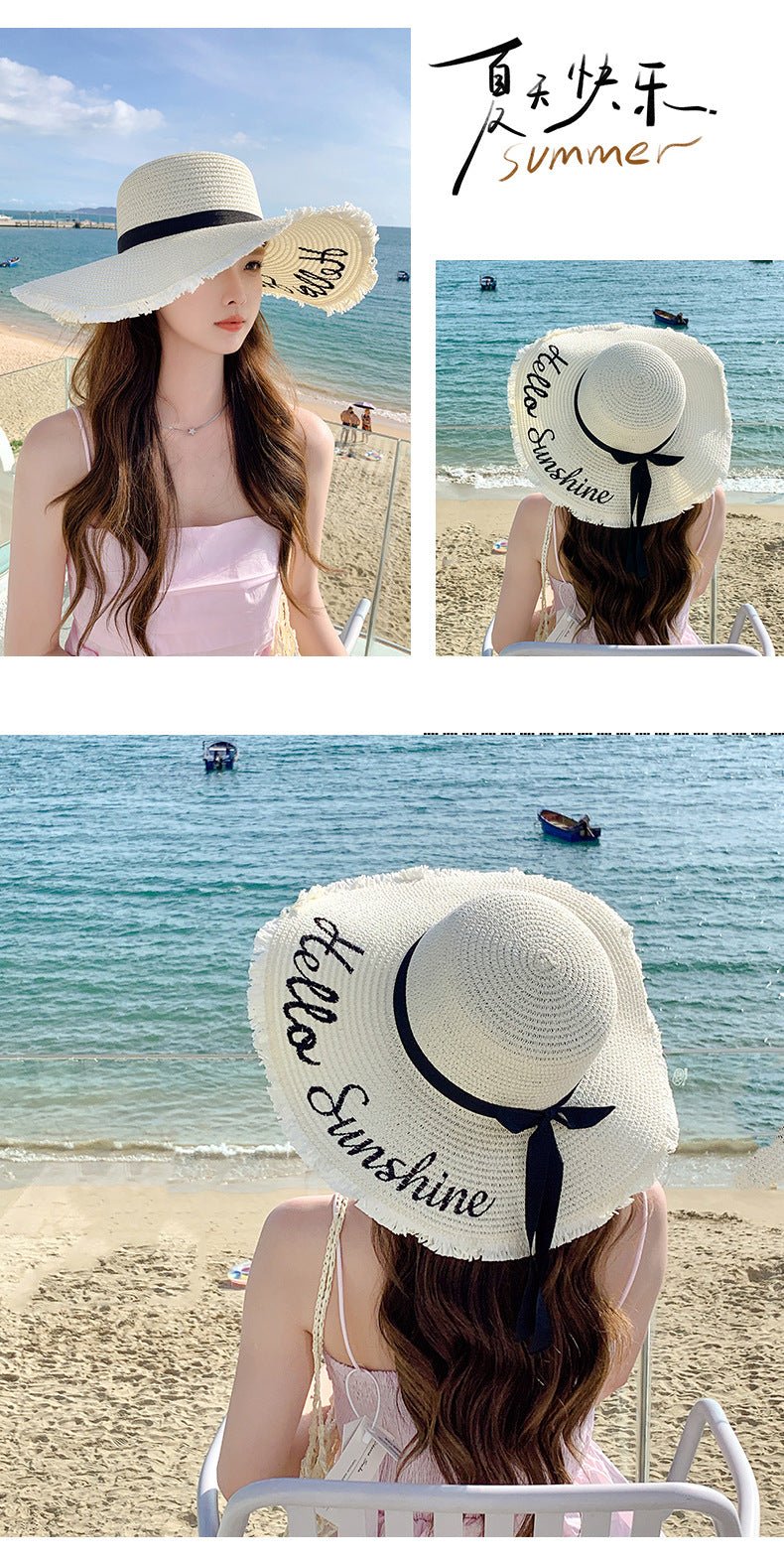 Summer wide brim embroidered sun protection straw hat for women fashion simple letter bow ribbon sun hat sweet sun hat - Negative Apparel