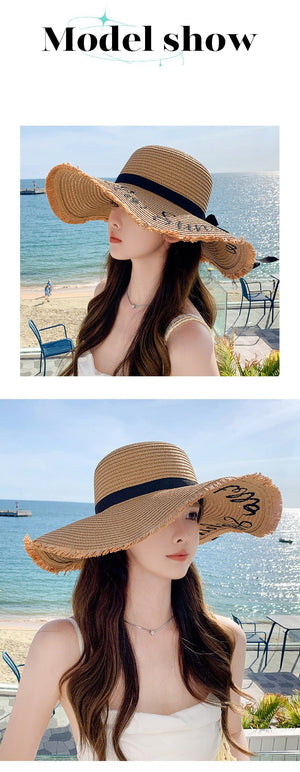 Summer wide brim embroidered sun protection straw hat for women fashion simple letter bow ribbon sun hat sweet sun hat - Negative Apparel