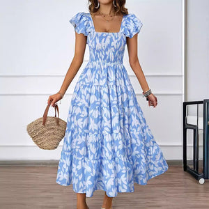 Summer women's casual square neck printed pleated lotus leaf sleeve dress elegant Bohemian - Negative Apparel