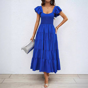 Summer women's casual square neck printed pleated lotus leaf sleeve dress elegant Bohemian - Negative Apparel