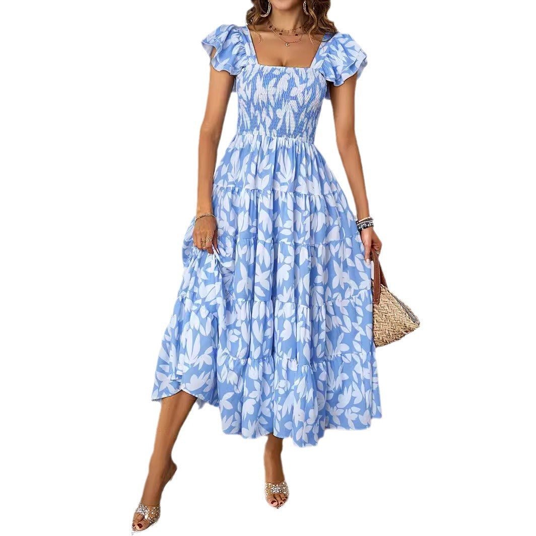 Summer women's casual square neck printed pleated lotus leaf sleeve dress elegant Bohemian - Negative Apparel