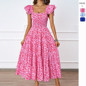 Summer women's casual square neck printed pleated lotus leaf sleeve dress elegant Bohemian - Negative Apparel
