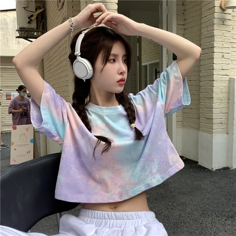 Tie - dyed short - sleeved T-shirt for women in summer 2025 new design niche navel - baring short top - Negative Apparel