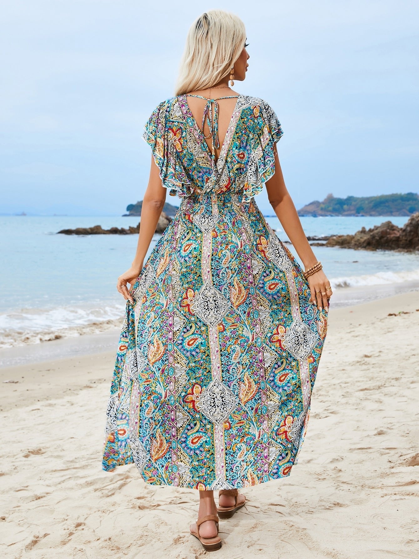 V - neck backless cotton lotus leaf sleeve slit Bohemian holiday dress - Negative Apparel