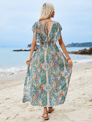 V - neck backless cotton lotus leaf sleeve slit Bohemian holiday dress - Negative Apparel