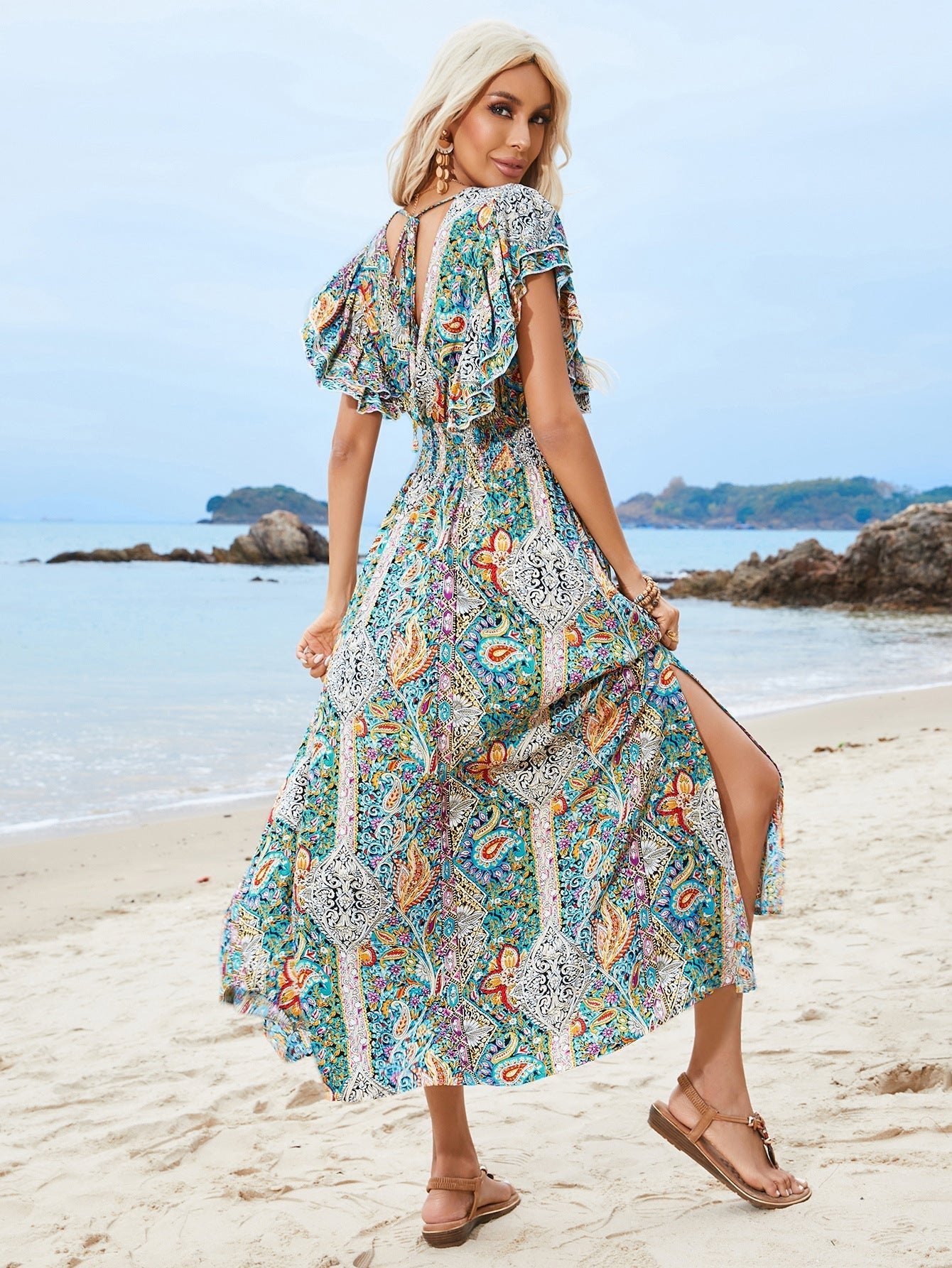 V - neck backless cotton lotus leaf sleeve slit Bohemian holiday dress - Negative Apparel