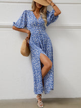 V - neck lantern sleeve waist dress for seaside vacation Bohemian beach dress - Negative Apparel