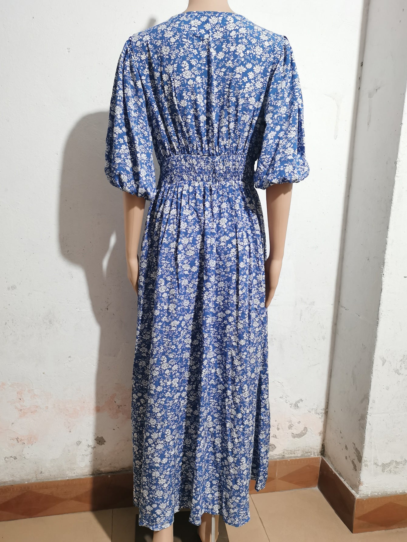 V - neck lantern sleeve waist dress for seaside vacation Bohemian beach dress - Negative Apparel
